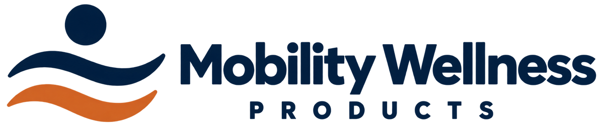 The logo for Mobility Wellness Products, featuring a dark blue stylized human figure with wavy lines and an orange wave above the dark blue text 'Mobility Wellness PRODUCTS' on a white background.